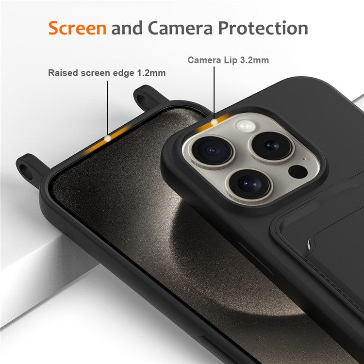 For iPhone 16 Pro Case Liquid Silicone Card Holder Phone Back Cover with Lanyard - Black