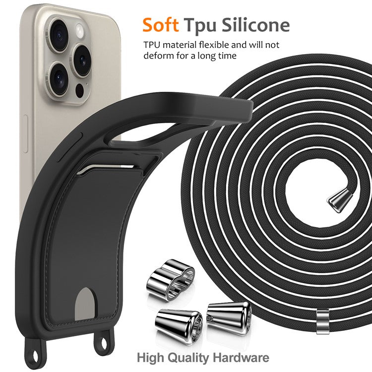 For iPhone 16 Pro Case Liquid Silicone Card Holder Phone Back Cover with Lanyard - Black