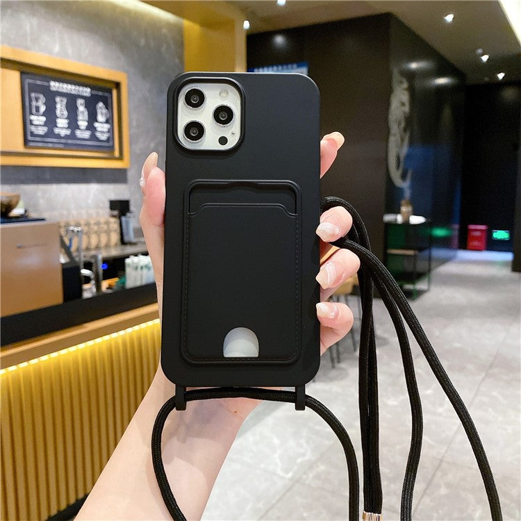 For iPhone 16 Pro Case Liquid Silicone Card Holder Phone Back Cover with Lanyard - Black