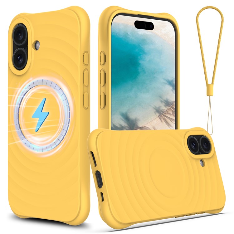 For iPhone 16 Plus Case Compatible with MagSafe Ripple Texture Liquid Silicone Protective Cover with Strap - Yellow