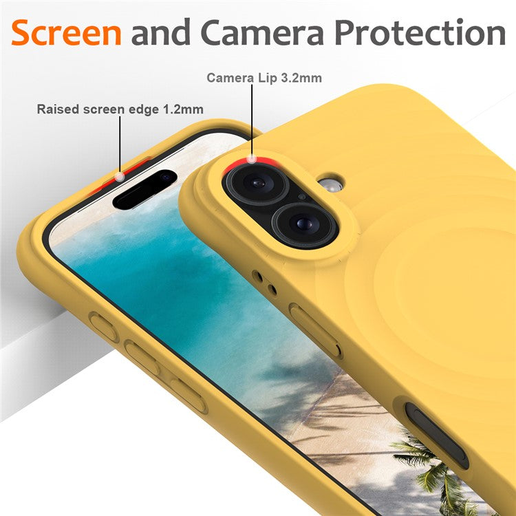 For iPhone 16 Plus Case Compatible with MagSafe Ripple Texture Liquid Silicone Protective Cover with Strap - Yellow