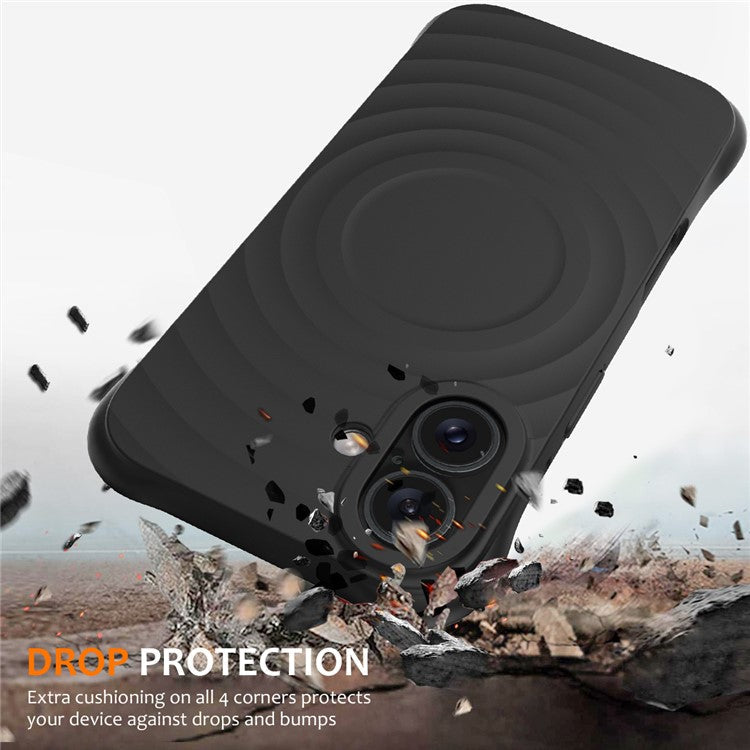 For iPhone 16 Case Compatible with MagSafe Ripple Texture Liquid Silicone Protective Cover with Strap - Black