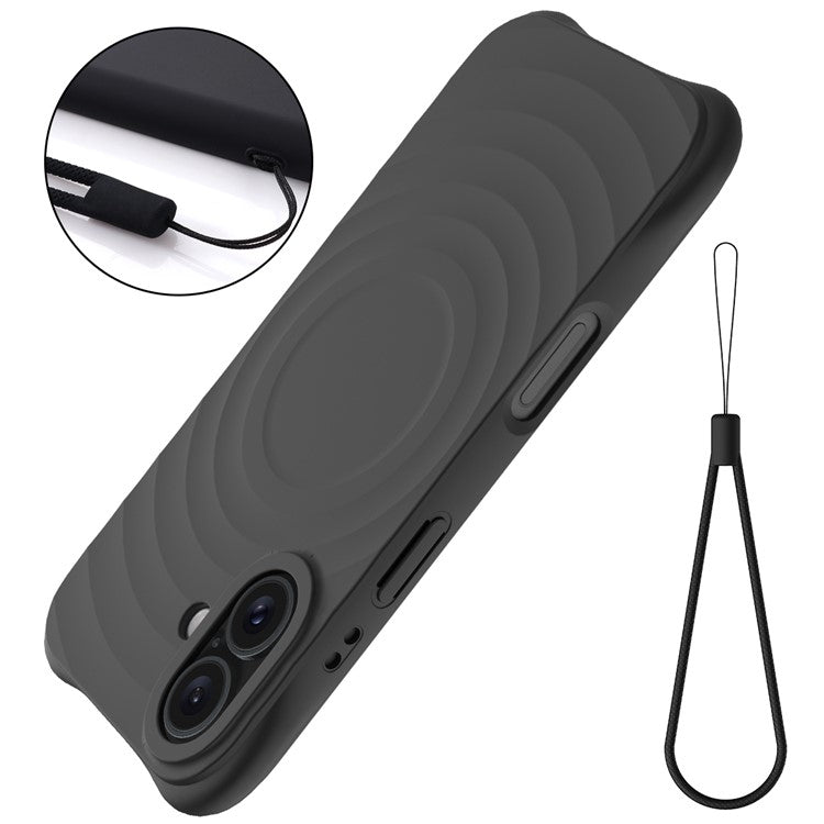 For iPhone 16 Case Compatible with MagSafe Ripple Texture Liquid Silicone Protective Cover with Strap - Black