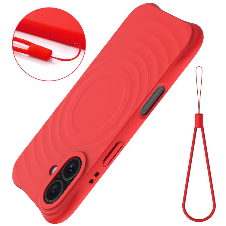 For iPhone 16 Case Compatible with MagSafe Ripple Texture Liquid Silicone Protective Cover with Strap - Red