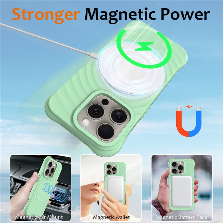 For iPhone 16 Pro Case Compatible with MagSafe Ripple Texture Liquid Silicone Protective Cover with Strap - Green