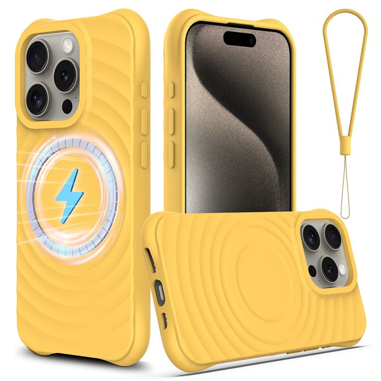 For iPhone 16 Pro Case Compatible with MagSafe Ripple Texture Liquid Silicone Protective Cover with Strap - Yellow