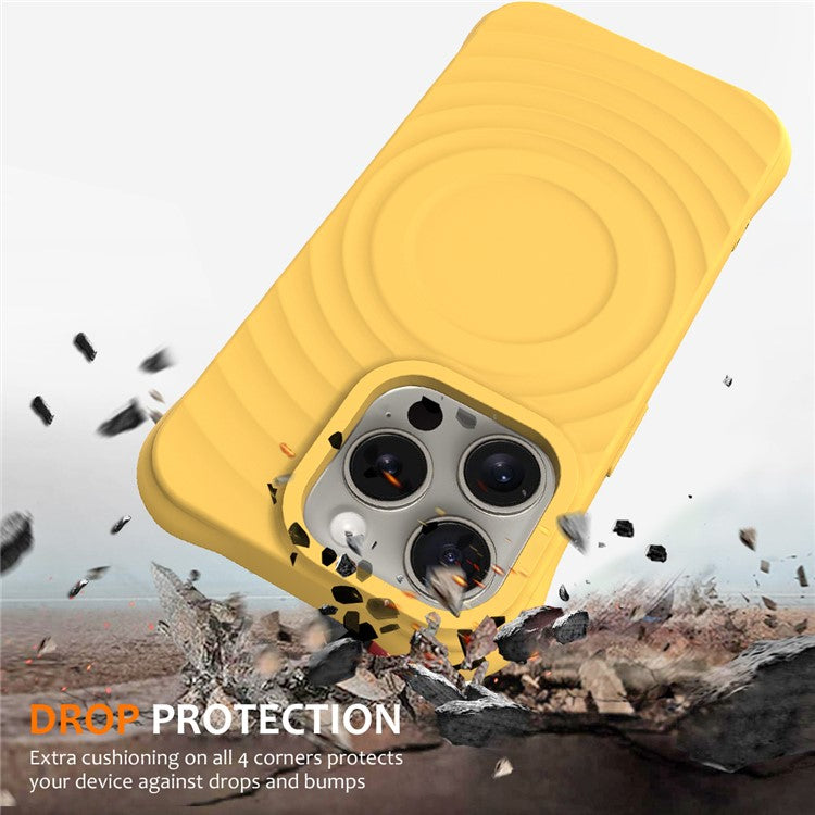 For iPhone 16 Pro Case Compatible with MagSafe Ripple Texture Liquid Silicone Protective Cover with Strap - Yellow