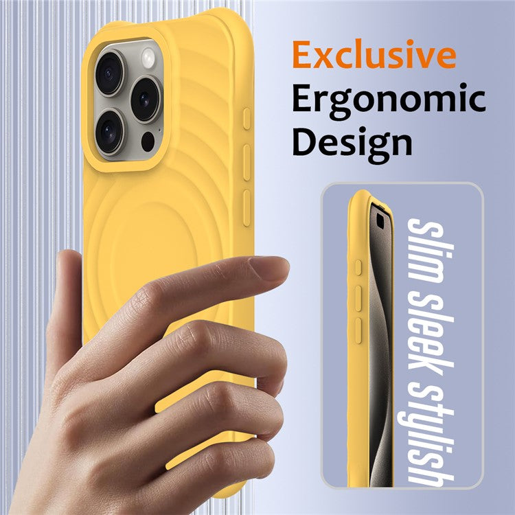 For iPhone 16 Pro Case Compatible with MagSafe Ripple Texture Liquid Silicone Protective Cover with Strap - Yellow