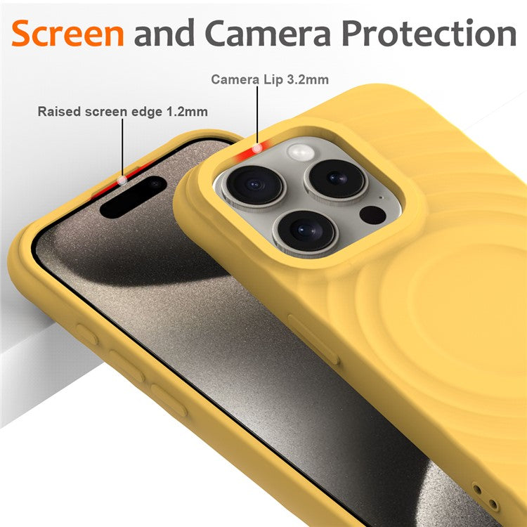 For iPhone 16 Pro Case Compatible with MagSafe Ripple Texture Liquid Silicone Protective Cover with Strap - Yellow