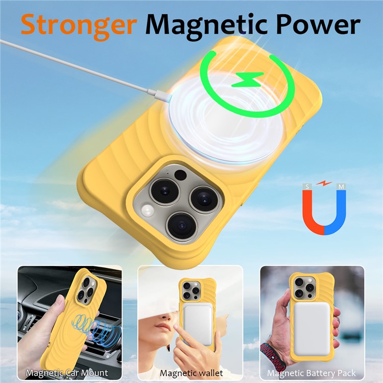 For iPhone 16 Pro Case Compatible with MagSafe Ripple Texture Liquid Silicone Protective Cover with Strap - Yellow