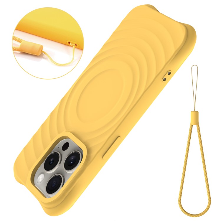For iPhone 16 Pro Case Compatible with MagSafe Ripple Texture Liquid Silicone Protective Cover with Strap - Yellow