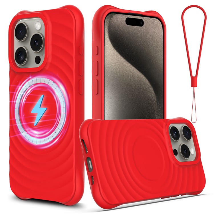 For iPhone 16 Pro Case Compatible with MagSafe Ripple Texture Liquid Silicone Protective Cover with Strap - Red