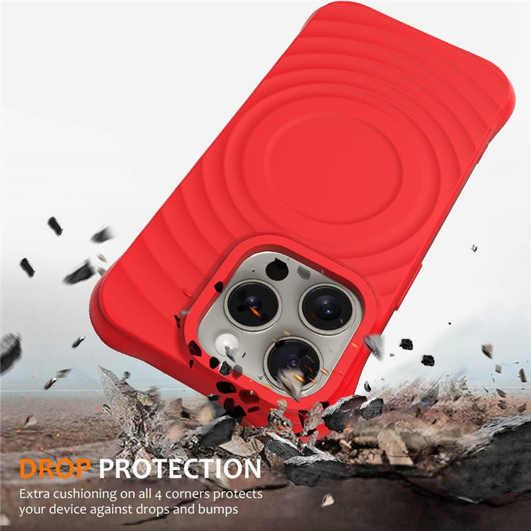 For iPhone 16 Pro Case Compatible with MagSafe Ripple Texture Liquid Silicone Protective Cover with Strap - Red