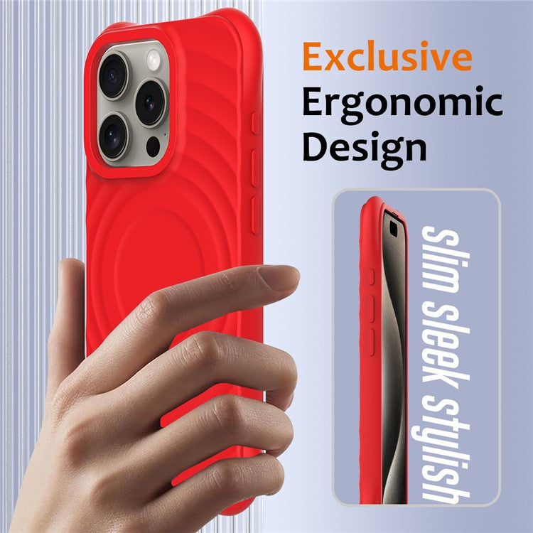 For iPhone 16 Pro Case Compatible with MagSafe Ripple Texture Liquid Silicone Protective Cover with Strap - Red