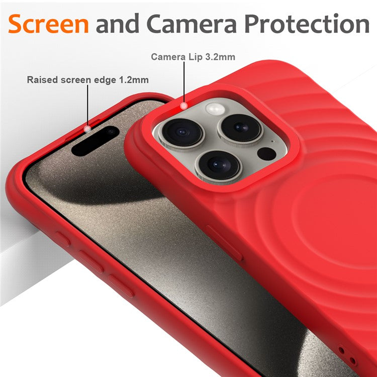 For iPhone 16 Pro Case Compatible with MagSafe Ripple Texture Liquid Silicone Protective Cover with Strap - Red