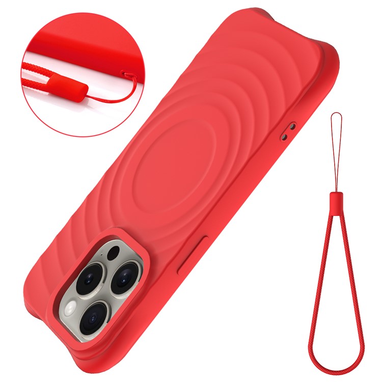 For iPhone 16 Pro Case Compatible with MagSafe Ripple Texture Liquid Silicone Protective Cover with Strap - Red
