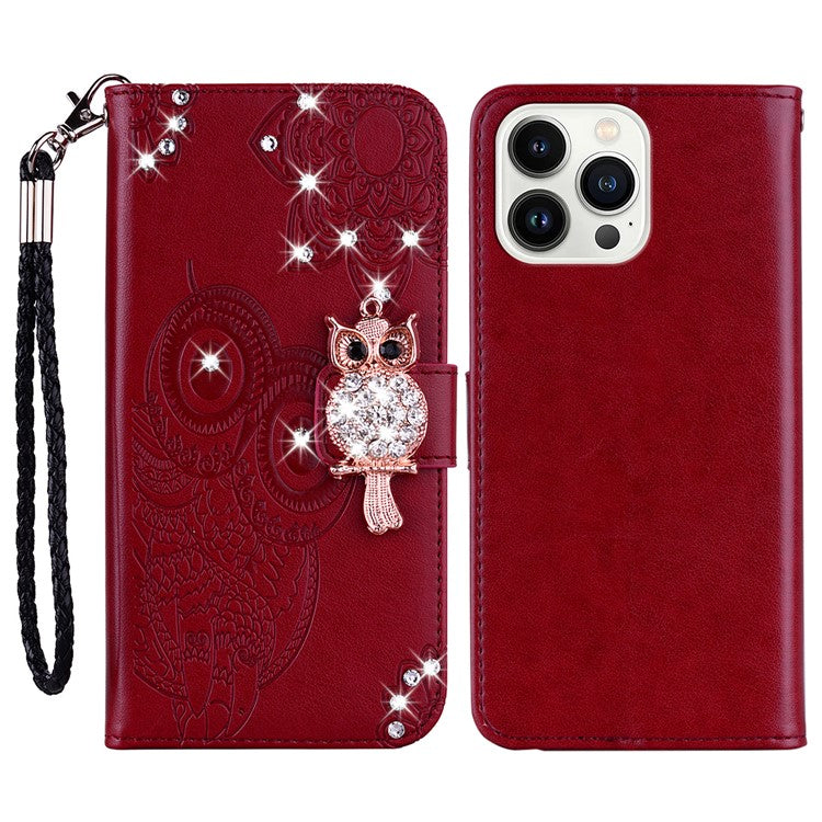 For iPhone 16 Pro Wallet Case Owl Flower Imprinted Rhinestone Leather Cover - Red