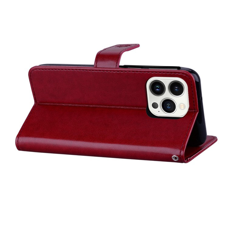 For iPhone 16 Pro Wallet Case Owl Flower Imprinted Rhinestone Leather Cover - Red