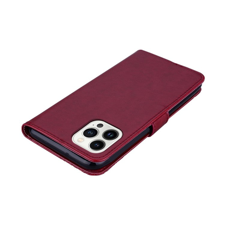 For iPhone 16 Pro Wallet Case Owl Flower Imprinted Rhinestone Leather Cover - Red