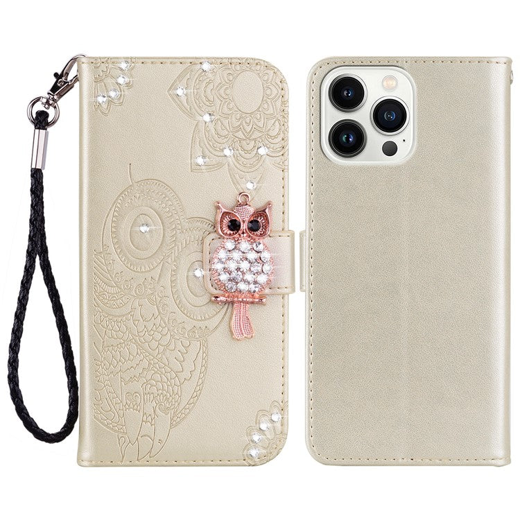 For iPhone 16 Pro Wallet Case Owl Flower Imprinted Rhinestone Leather Cover - Gold