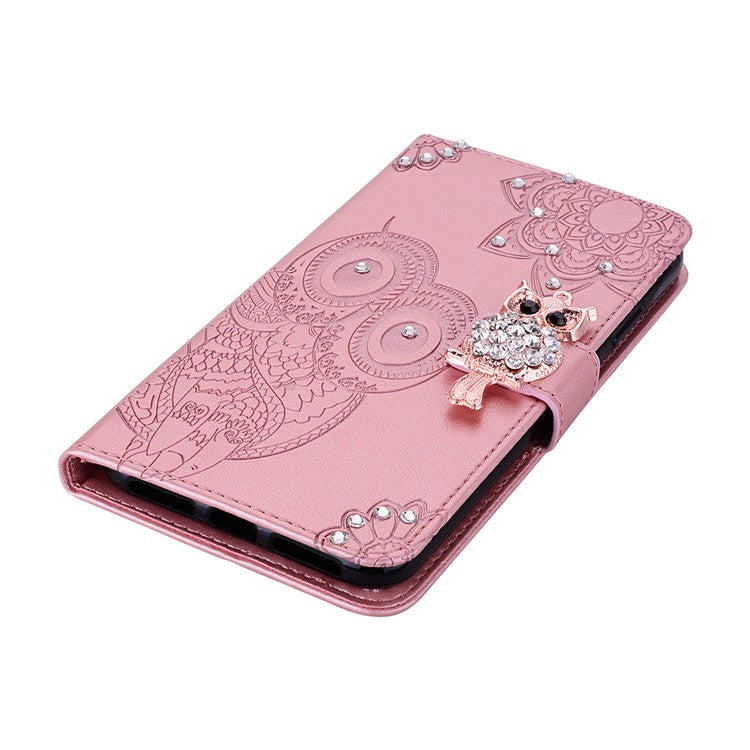 For Google Pixel 9 Pro / Pixel 9 Wallet Case Owl Flower Imprinted Rhinestone Leather Cover - Rose Gold