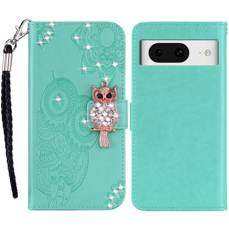 For Google Pixel 9 Pro / Pixel 9 Wallet Case Owl Flower Imprinted Rhinestone Leather Cover - Cyan