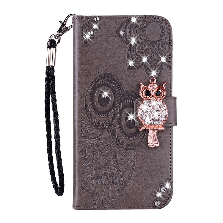 For Google Pixel 9 Pro / Pixel 9 Wallet Case Owl Flower Imprinted Rhinestone Leather Cover - Grey