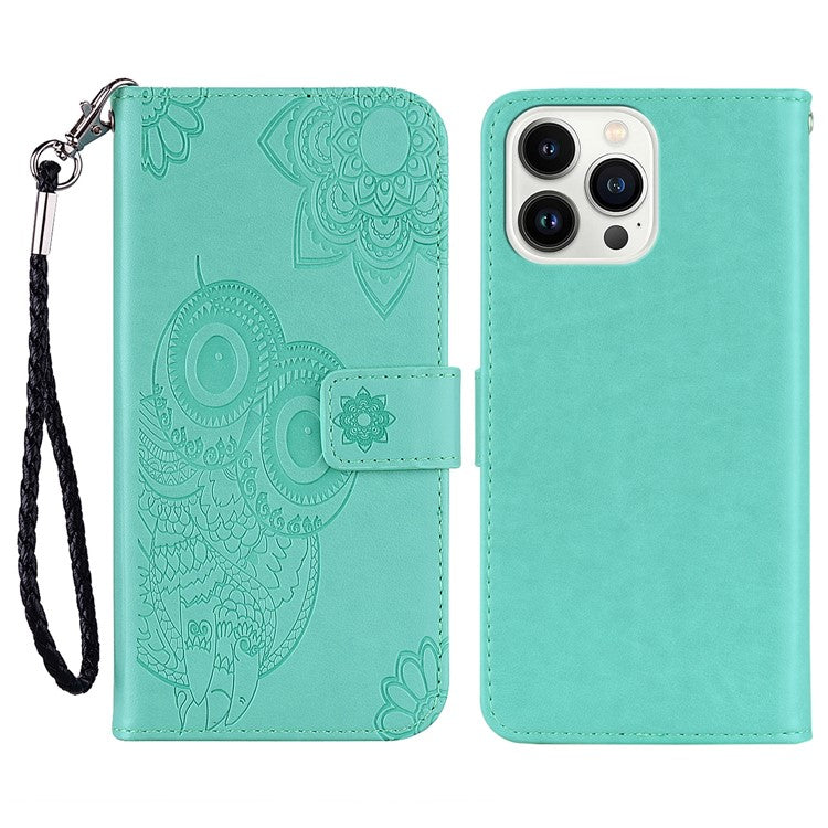 For iPhone 16 Pro Case Owl Flower Imprinted Leather Cover Wallet with Strap - Cyan