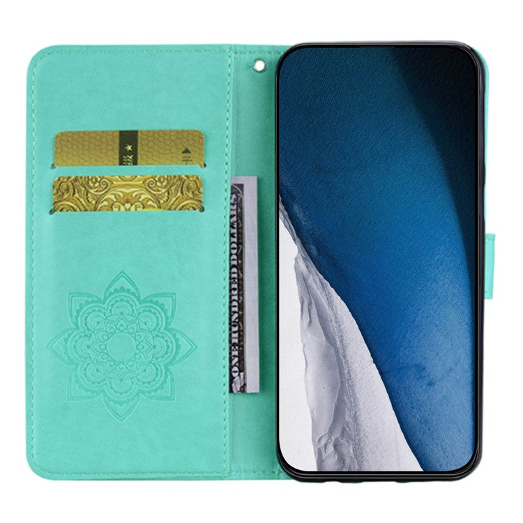 For iPhone 16 Pro Case Owl Flower Imprinted Leather Cover Wallet with Strap - Cyan