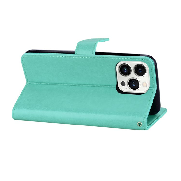 For iPhone 16 Pro Case Owl Flower Imprinted Leather Cover Wallet with Strap - Cyan