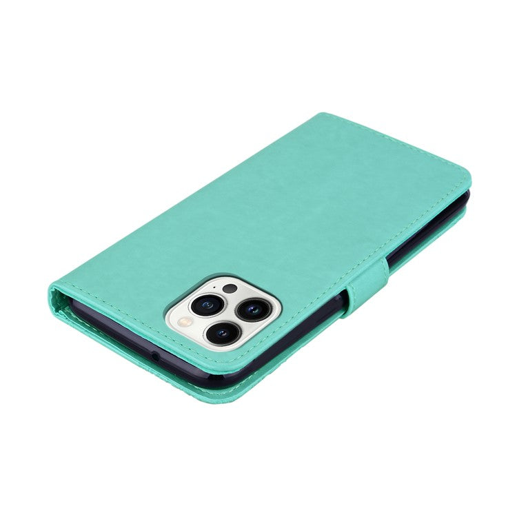 For iPhone 16 Pro Case Owl Flower Imprinted Leather Cover Wallet with Strap - Cyan