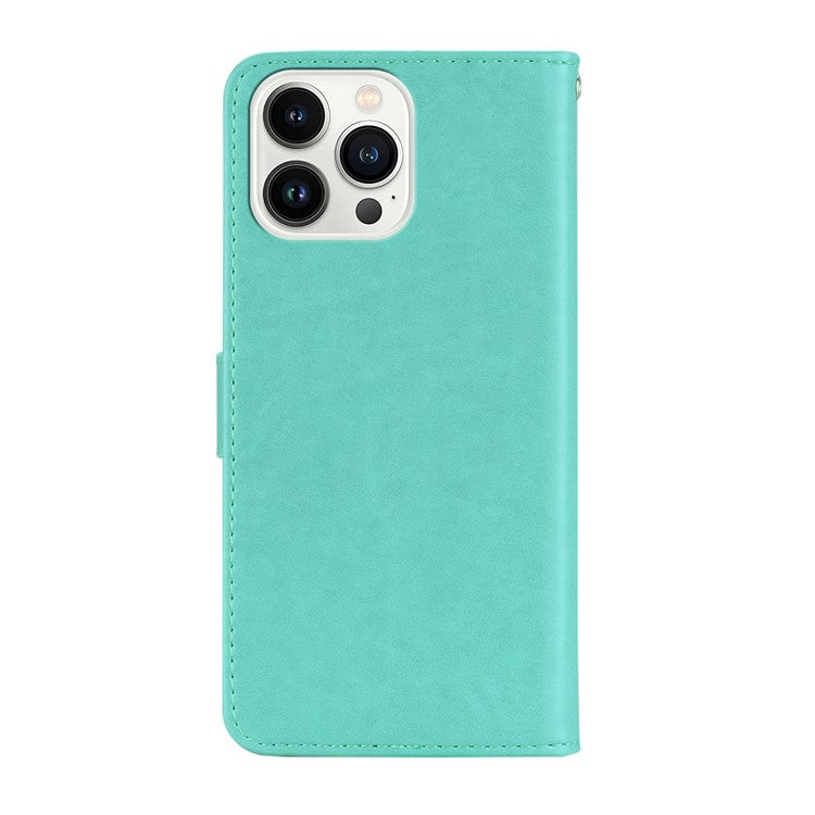 For iPhone 16 Pro Case Owl Flower Imprinted Leather Cover Wallet with Strap - Cyan