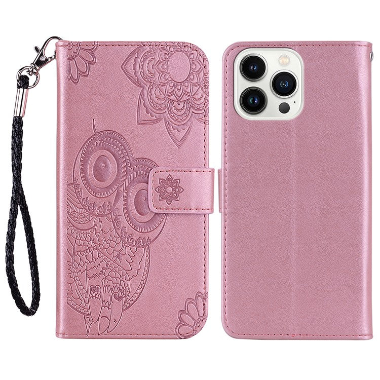 For iPhone 16 Pro Case Owl Flower Imprinted Leather Cover Wallet with Strap - Rose Gold