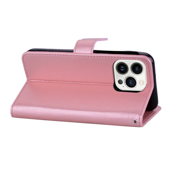 For iPhone 16 Pro Case Owl Flower Imprinted Leather Cover Wallet with Strap - Rose Gold