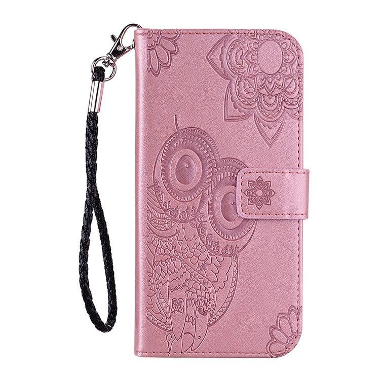For iPhone 16 Pro Case Owl Flower Imprinted Leather Cover Wallet with Strap - Rose Gold