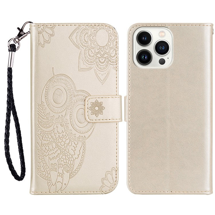 For iPhone 16 Pro Case Owl Flower Imprinted Leather Cover Wallet with Strap - Gold