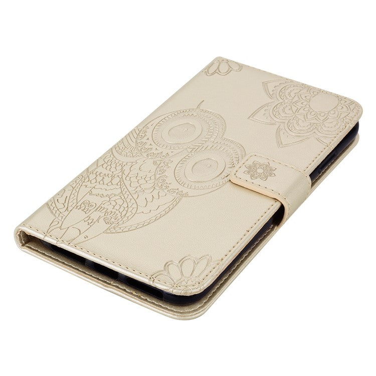 For iPhone 16 Pro Case Owl Flower Imprinted Leather Cover Wallet with Strap - Gold