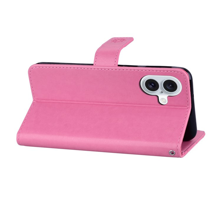For iPhone 16 Plus Case Owl Flower Imprinted Leather Cover Wallet with Strap - Rose