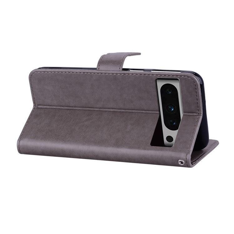 For Google Pixel 9 Pro XL Case Owl Flower Imprinted Leather Cover Wallet with Strap - Grey