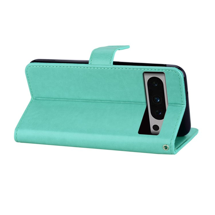 For Google Pixel 9 Pro XL Case Owl Flower Imprinted Leather Cover Wallet with Strap - Cyan