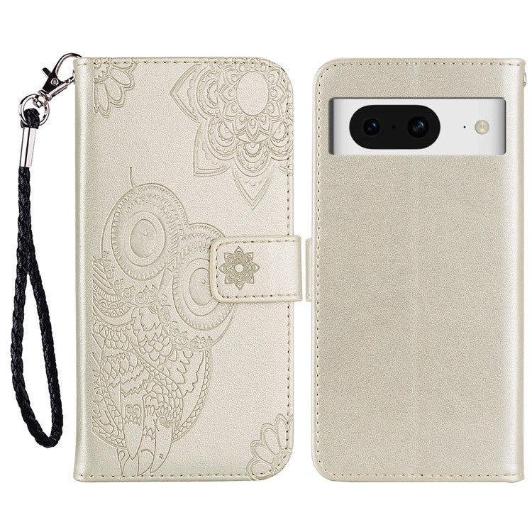 For Google Pixel 9 Pro / Pixel 9 Case Owl Flower Imprinted Leather Cover Wallet with Strap - Gold