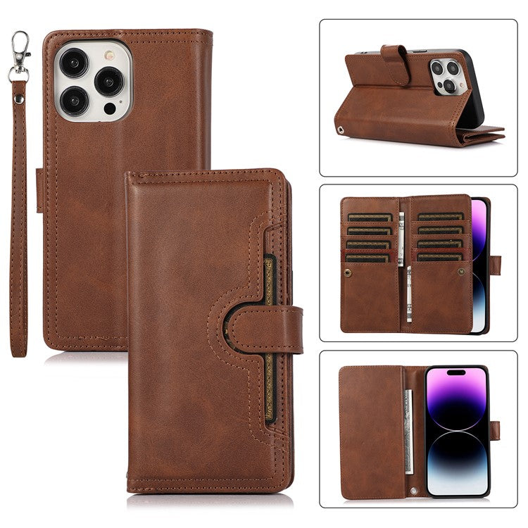 For iPhone 16 Pro Case Split Leather Magnetic Wallet Phone Protector with Wrist Strap - Coffee