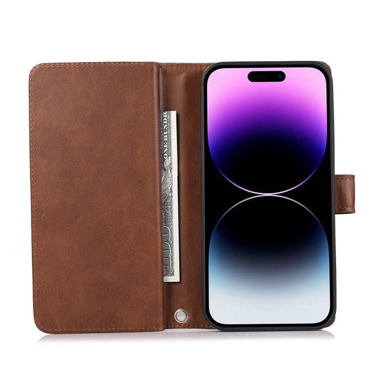 For iPhone 16 Pro Case Split Leather Magnetic Wallet Phone Protector with Wrist Strap - Coffee