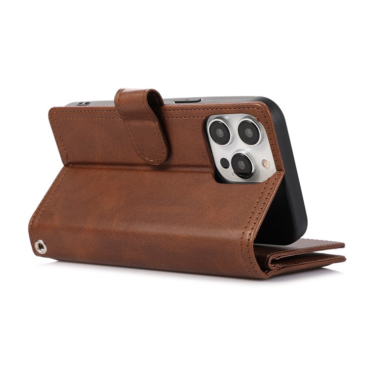 For iPhone 16 Pro Case Split Leather Magnetic Wallet Phone Protector with Wrist Strap - Coffee