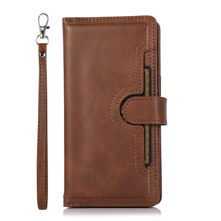 For iPhone 16 Pro Case Split Leather Magnetic Wallet Phone Protector with Wrist Strap - Coffee