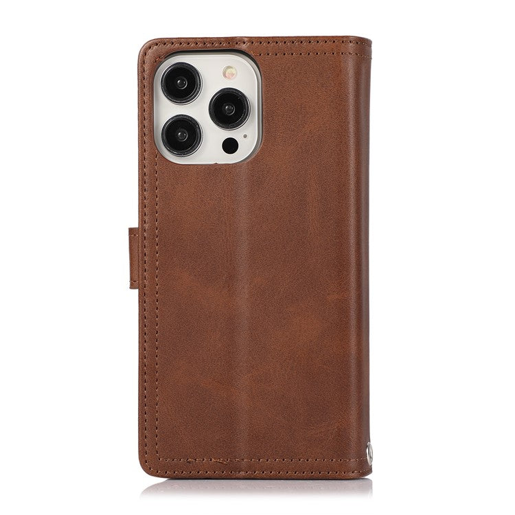 For iPhone 16 Pro Case Split Leather Magnetic Wallet Phone Protector with Wrist Strap - Coffee