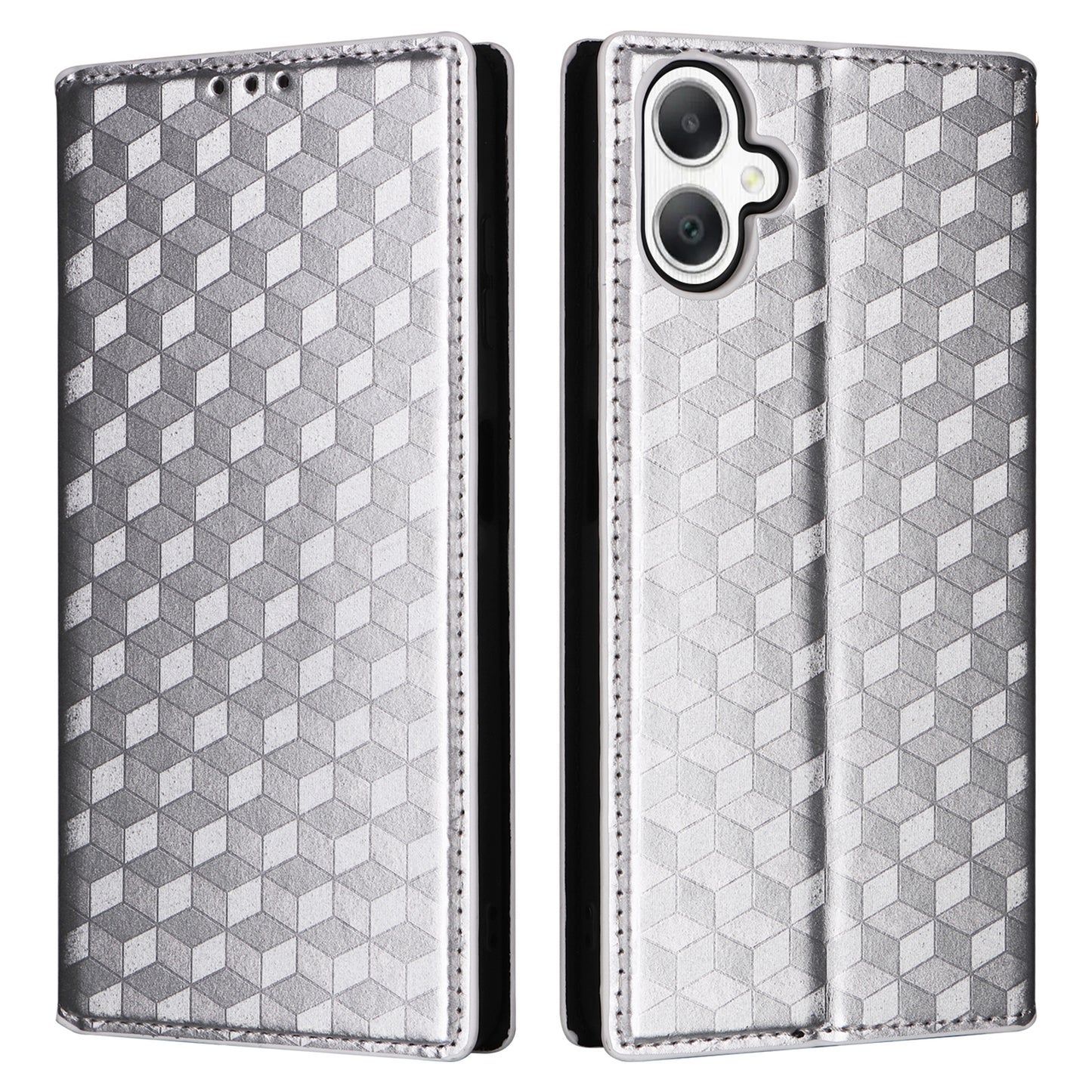 For Samsung Galaxy A06 Wallet Case Rhombus Imprinted Leather Phone Cover - Silver