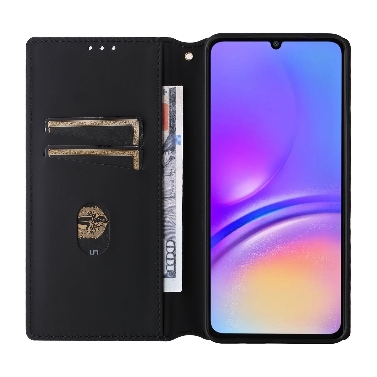 For Samsung Galaxy A06 Wallet Case Rhombus Imprinted Leather Phone Cover - Black