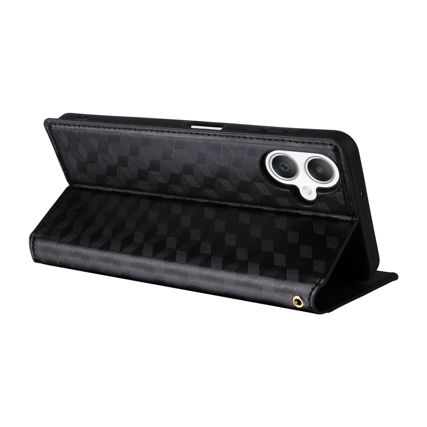 For Samsung Galaxy A06 Wallet Case Rhombus Imprinted Leather Phone Cover - Black