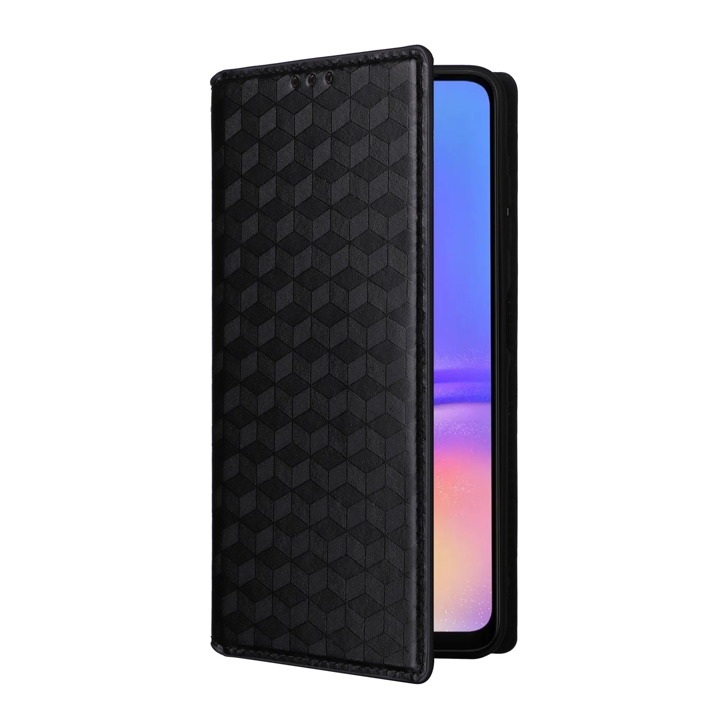 For Samsung Galaxy A06 Wallet Case Rhombus Imprinted Leather Phone Cover - Black